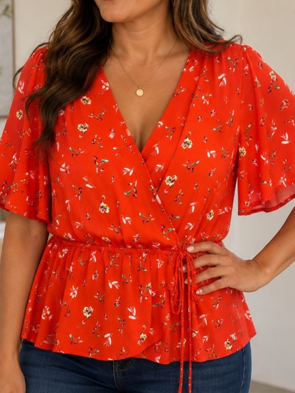 ASTR Red Floral Wrap Dress